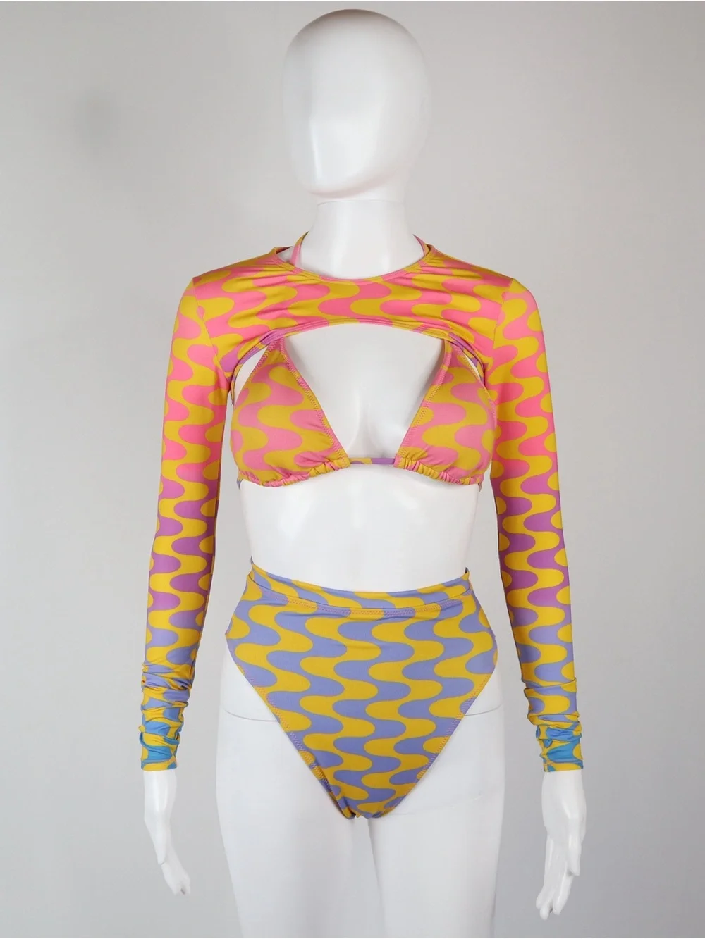 FENSI | 3 Piece Women's Pink & Yellow Patterned Long-Sleeve Bikini Set
